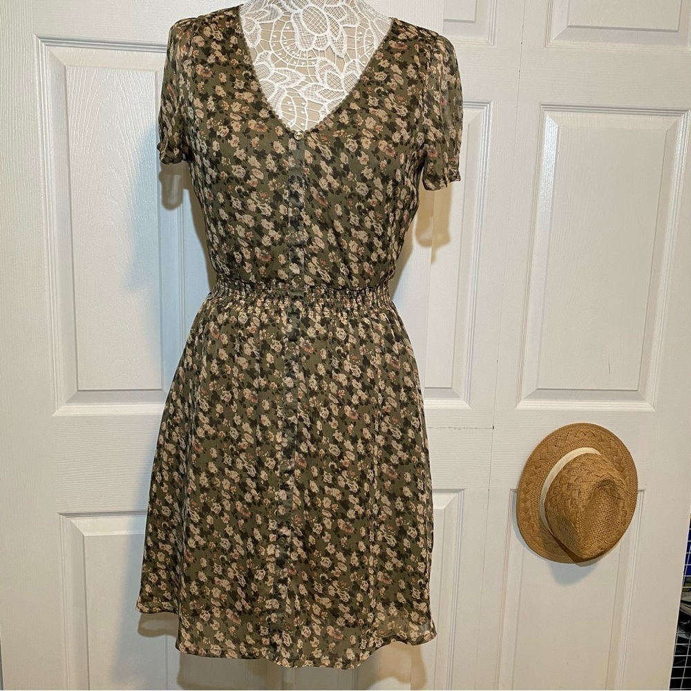 Esprit Urban Casual Floral Flare Midi Dress V-neck Boho Sheer Sleeves Lined 6